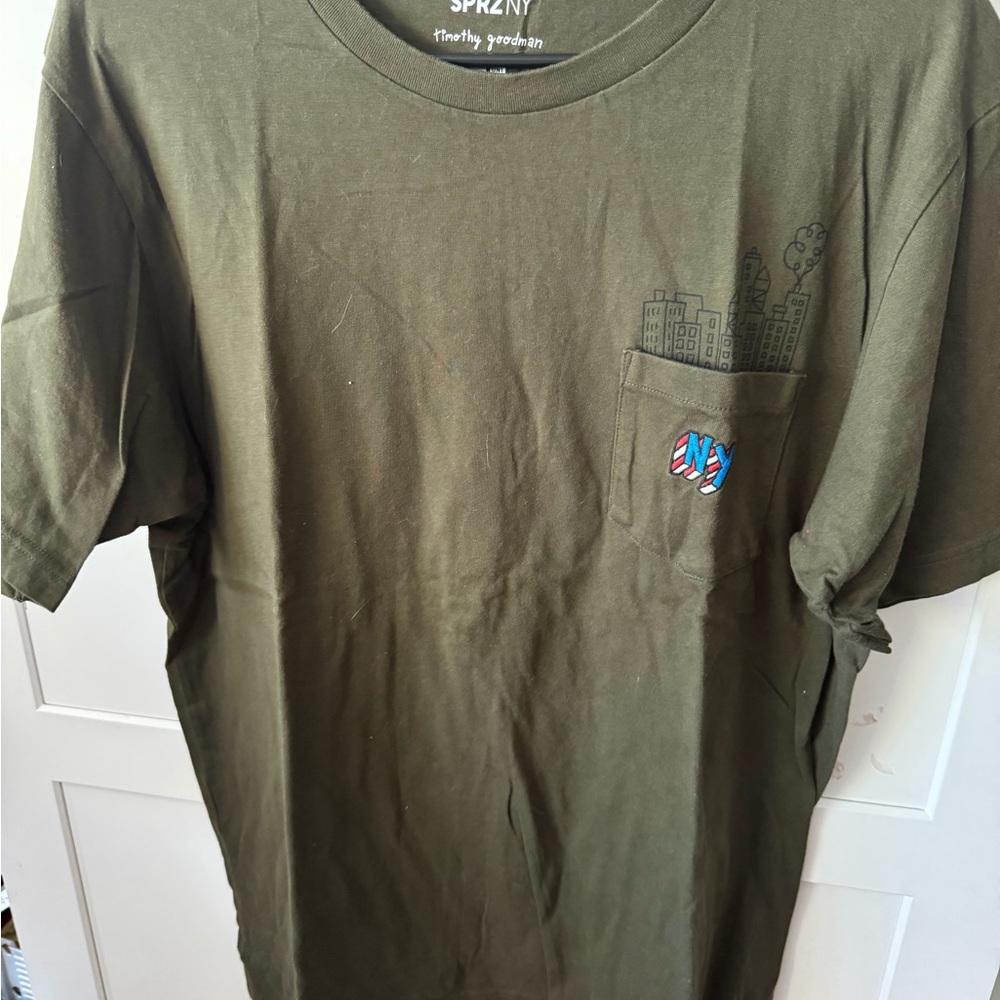 Uniqlo Olive Green Pocket Tee with Cityscape Graphic